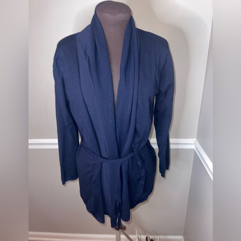 ZARA Knit Womens XL Open Front Cardigan Sweater‎ Long Sleeve Navy Attached Belt